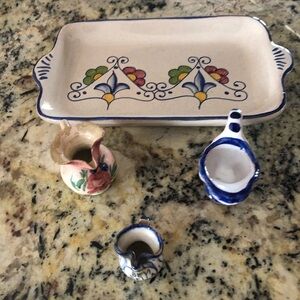 Hand-Painted Amalfi  Ceramic Tray with Three Mini Pitchers -Vintage Italian